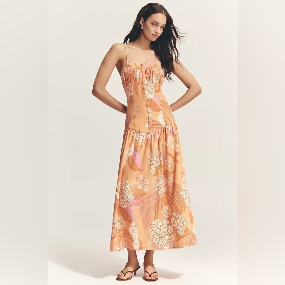 NWT Farm Rio x Anthropologie Linen Blend Strapless Drop-Waist Maxi Dress - Picture 8 of 8